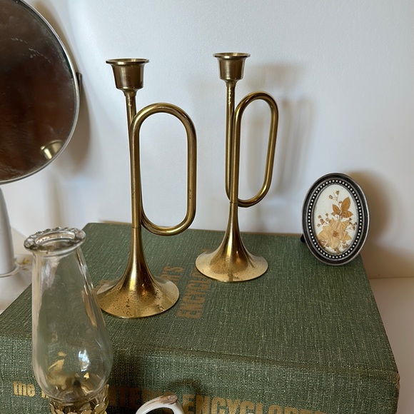 Vintage Accents Vintage Pair Brass Trumpet Horn Candlestick Horn